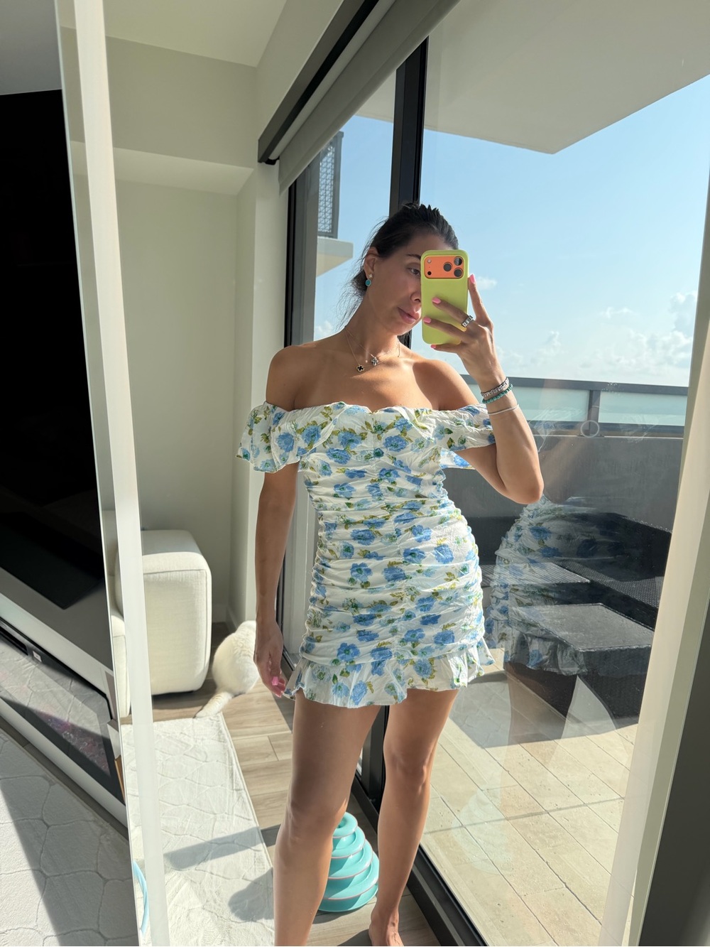 Zara White Off-Shoulder Mini Dress with Blue Floral Print